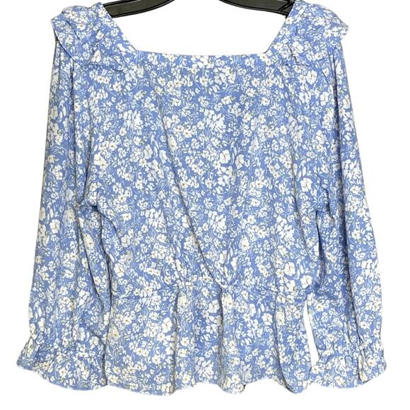 Eclair square neck blouse top ruffle bohemian blue lightweight floral Sz Large - Picture 2 of 5